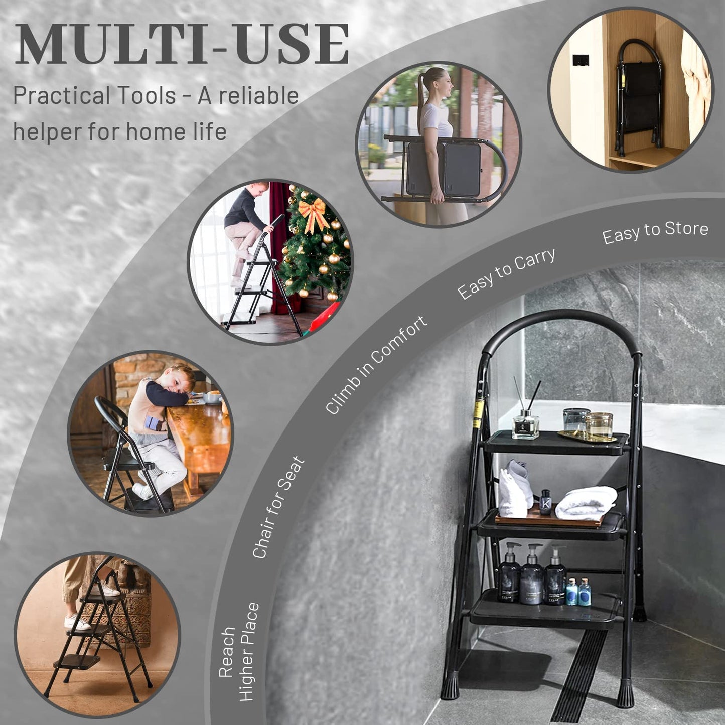 3-Step Folding Step Ladder with Anti-Slip Pedals & Comfort Handgrip - Portable & Sturdy Design for Home & Kitchen, Supports 330 lbs, Sleek Black Finish