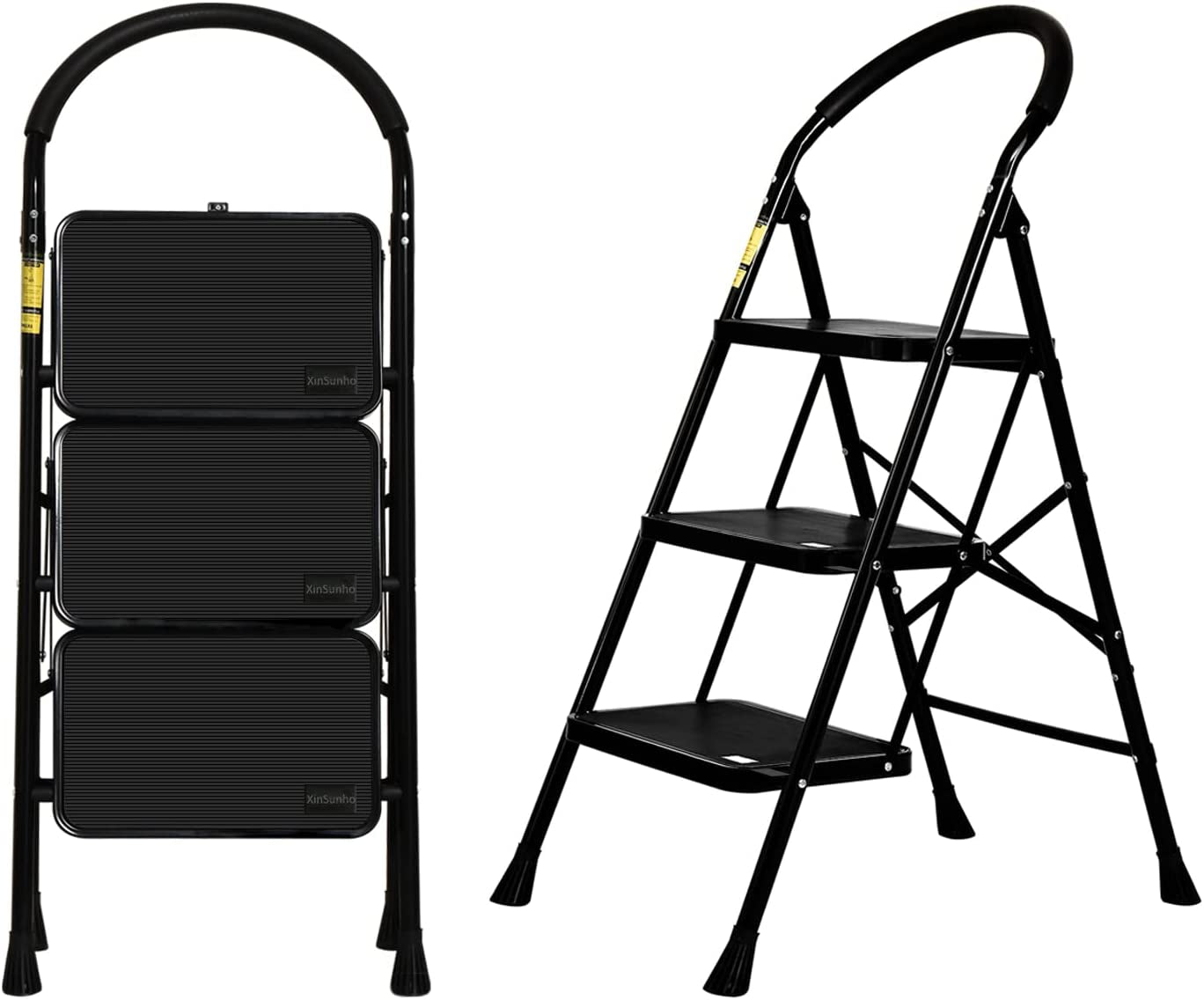 3-Step Folding Step Ladder with Anti-Slip Pedals & Comfort Handgrip - Portable & Sturdy Design for Home & Kitchen, Supports 330 lbs, Sleek Black Finish
