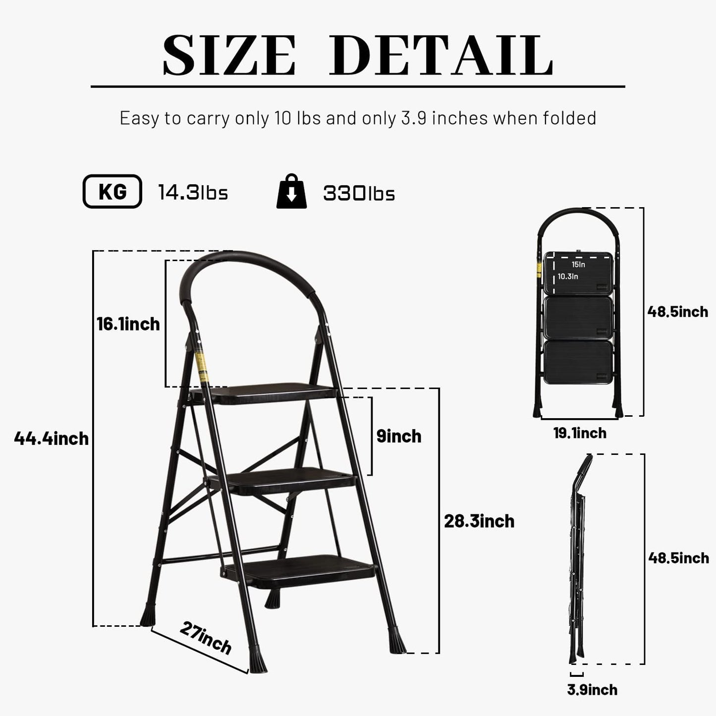 3-Step Folding Step Ladder with Anti-Slip Pedals & Comfort Handgrip - Portable & Sturdy Design for Home & Kitchen, Supports 330 lbs, Sleek Black Finish