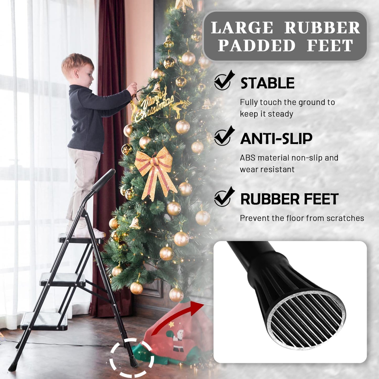 3-Step Folding Step Ladder with Anti-Slip Pedals & Comfort Handgrip - Portable & Sturdy Design for Home & Kitchen, Supports 330 lbs, Sleek Black Finish