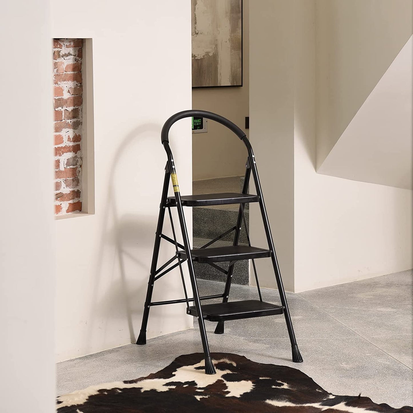3-Step Folding Step Ladder with Anti-Slip Pedals & Comfort Handgrip - Portable & Sturdy Design for Home & Kitchen, Supports 330 lbs, Sleek Black Finish