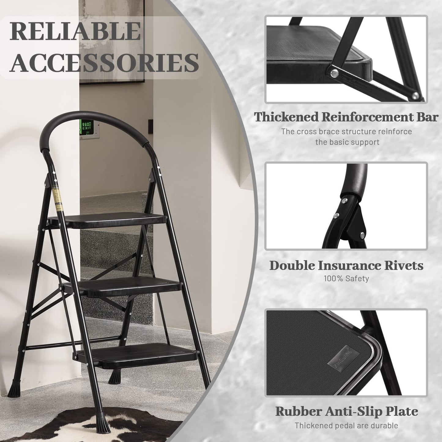 3-Step Folding Step Ladder with Anti-Slip Pedals & Comfort Handgrip - Portable & Sturdy Design for Home & Kitchen, Supports 330 lbs, Sleek Black Finish