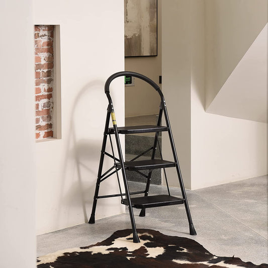 3-Step Folding Step Ladder with Anti-Slip Pedals & Comfort Handgrip - Portable & Sturdy Design for Home & Kitchen, Supports 330 lbs, Sleek Black Finish