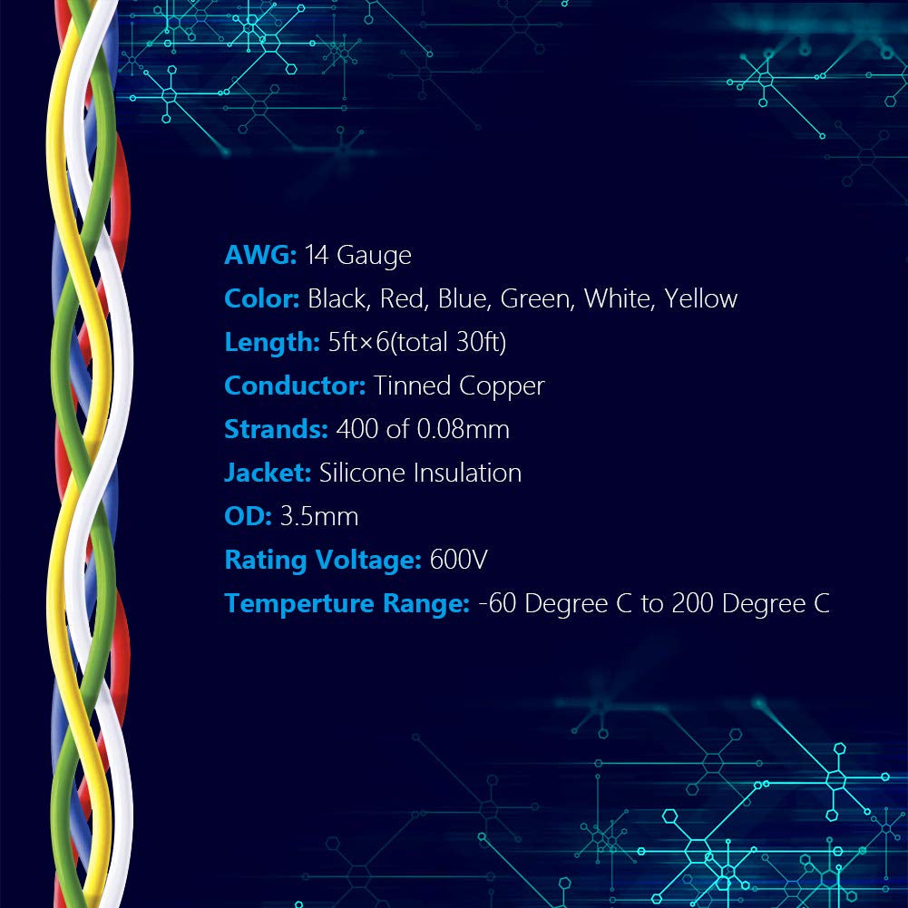 14 AWG Stranded Wire Spool 5Ft Each 6 Colors Flexible 14 Gauge Silicone Hook up Wire Kit Electrical Tinned Copper Wire