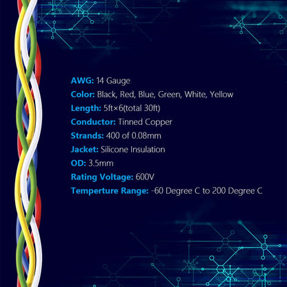 14 AWG Stranded Wire Spool 5Ft Each 6 Colors Flexible 14 Gauge Silicone Hook up Wire Kit Electrical Tinned Copper Wire