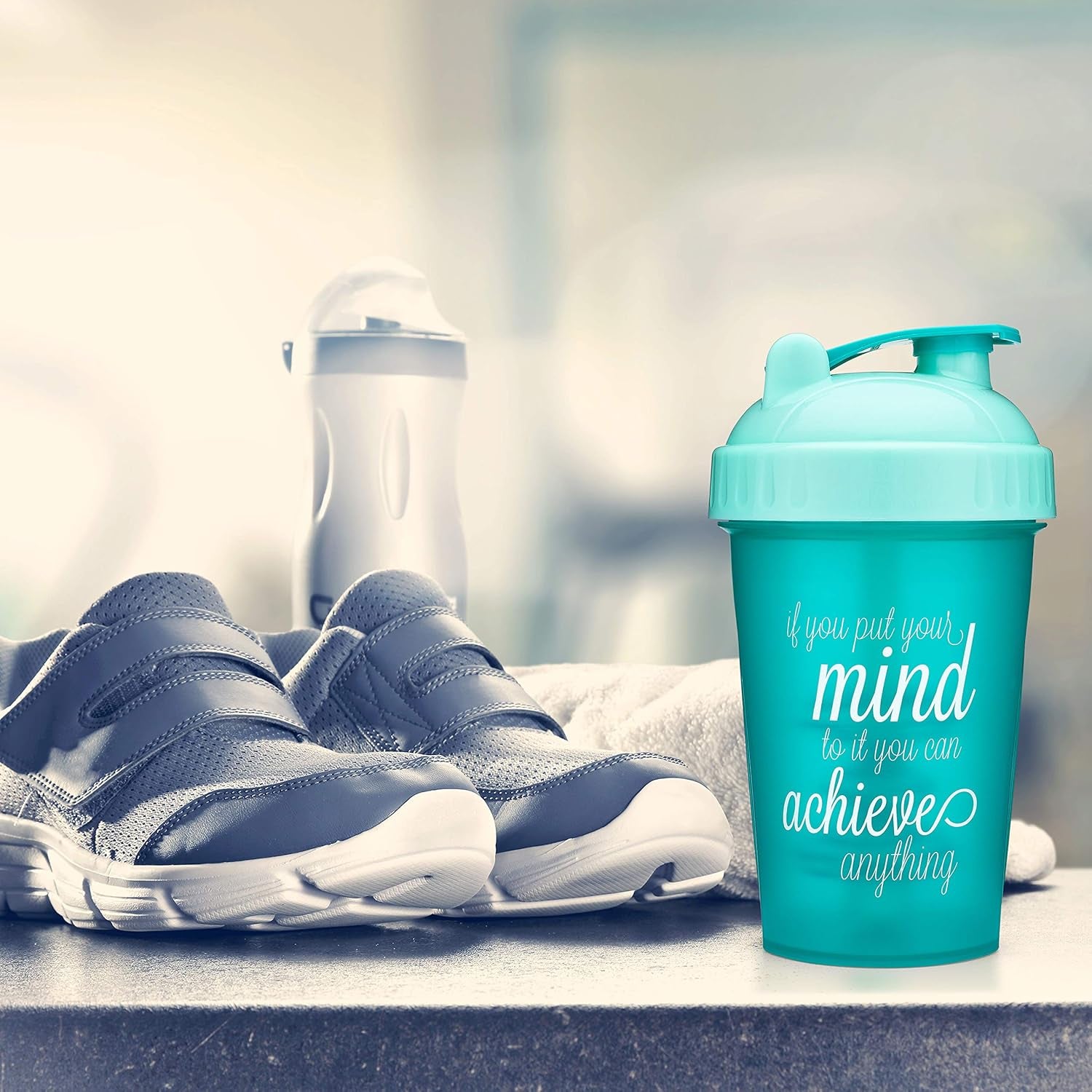 20-Ounce Shaker Bottle with Action-Rod Mixer | Shaker Cups with Motivational Quotes | Protein Shaker Bottle Is BPA Free and Dishwasher Safe | Achieve - Teal/Mint - 20Oz