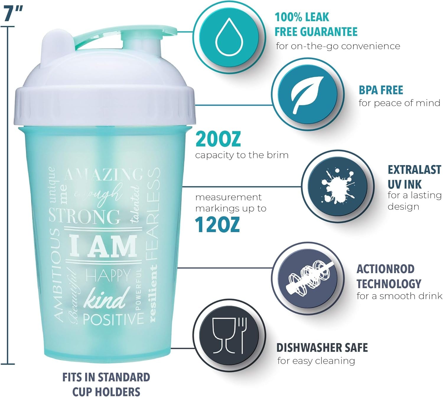 20-Ounce Shaker Bottle with Action-Rod Mixer | Shaker Cups with Motivational Quotes | Protein Shaker Bottle Is BPA Free and Dishwasher Safe | Two Pack - Rise Coral & Be You White/Gold